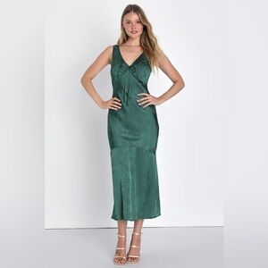 LULUS Exceptional Ideal Emerald Green Satin Jacquard Midi Dress